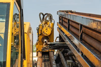 2017 Vermeer D100x140 S3 spindle, vise assembly, and hydraulic hoses on drill frame with loaded 3.5" pipe rack alongside cab