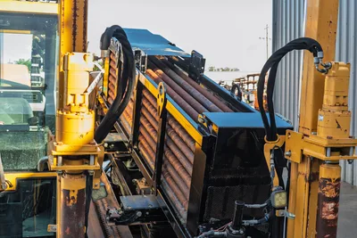 Vermeer 40x55DR S3 HDD rig side profile showing drill pipe storage, yellow frame, rotary head, and hydraulic hose routing