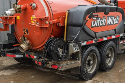 2023 Ditch Witch HX75 mud recycler trailer rear view, vacuum tank, hose reel, fresh water tank, dual axle, work-worn condition