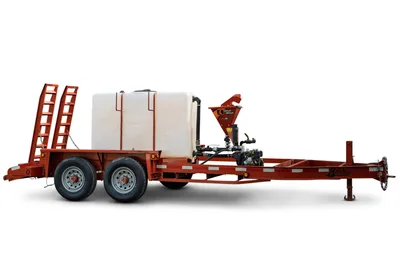 2019 Belshe WB14-2EP mud mixing trailer, side view, red steel frame, poly water tank, Ditch Witch PM5 mixer, twin axle, fold-down ramps