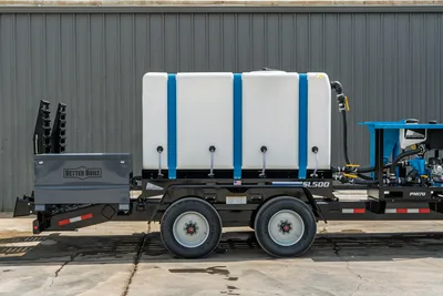 Behnke CBCT2324E-BT-R mud mixing trailer, side view, Straightline SL500 tank, PM170 mixer, Better Built toolbox, tandem axle
