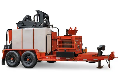 2015 Ditch Witch MR90 mud recycler, 3/4 view, tandem-axle trailer, white mixing tank, engine compartment, hopper, hydraulic lines