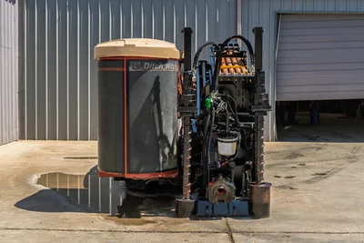 Rear view of 2016 Ditch Witch JT30 All Terrain HDD rig showing drill pipe box, drill head, and anchor stabilization system.
