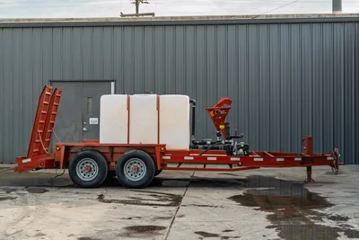 2019 Belshe WB14-2EP mud mixing trailer, full side view, dual water tanks, Ditch Witch mixer, tandem axle, fold-down ramps, red frame