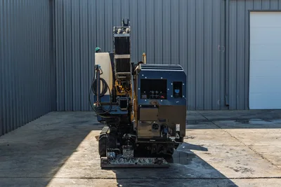 2016 Vermeer D23x30 S3 HDD drill, rear view, rubber tracks, drill frame raised, fluid tank, engine compartment visible, used condition