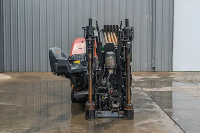 Ditch Witch JT20 HDD machine front view, 74 hp, 17,000 lbs thrust, 2,200 ft-lb torque, drill pipe rack visible