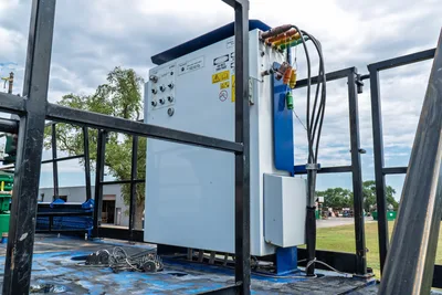 2023 American Augers M300DH mud system electrical control panel, 480V three-phase wiring, multi-conductor cables, blue skid frame