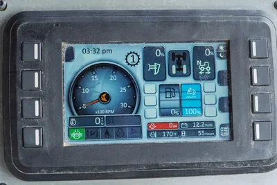 2024 Ditch Witch RT125Q color LCD control panel display showing RPM gauge, 55 hours, 12.2V, 170°F temp, fluid levels