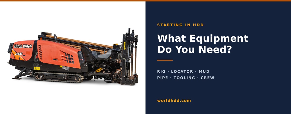 A used Ditch Witch JT20 directional drill beside the title What Equipment Do You Need, listing HDD startup components: rig, locator, mud, pipe, tooling, crew.
