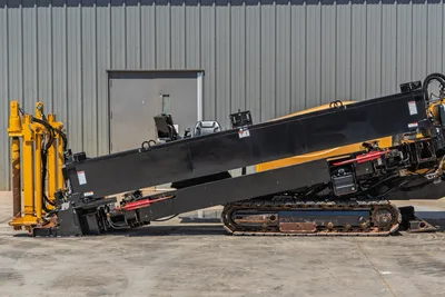 2019 Vermeer D40x55 S3 HDD drill, full side profile, angled drill frame raised, rubber tracks, operator cab, vise assembly visible